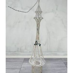 Large Macrame Hanger Boho 70s MCM Blue Wood Bead Decor Ivory 79”tall 19 “ Base